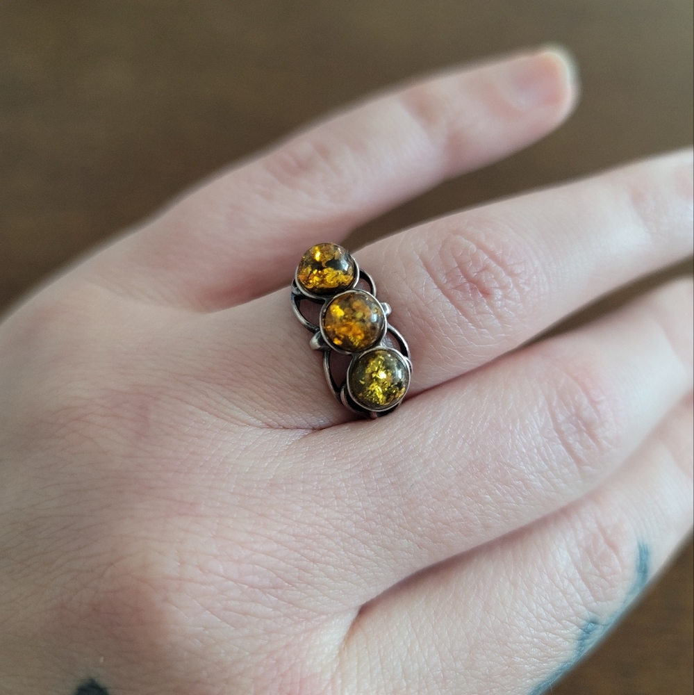 Triple Green Amber Silver Ring - image 4